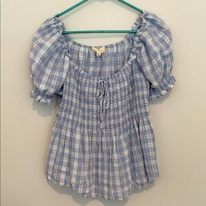 Perch byBlu Pepper Sky Blue Checkered Puff Sleeve Blouse Size 2XL